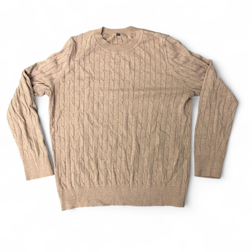 Fisherman style womens tan camel cable knit crewneck‎ long sleeve sweater